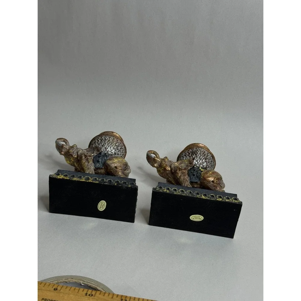 Vintage Elephant Candlestick Holders Pair Ornate Gold Black‎ Resin